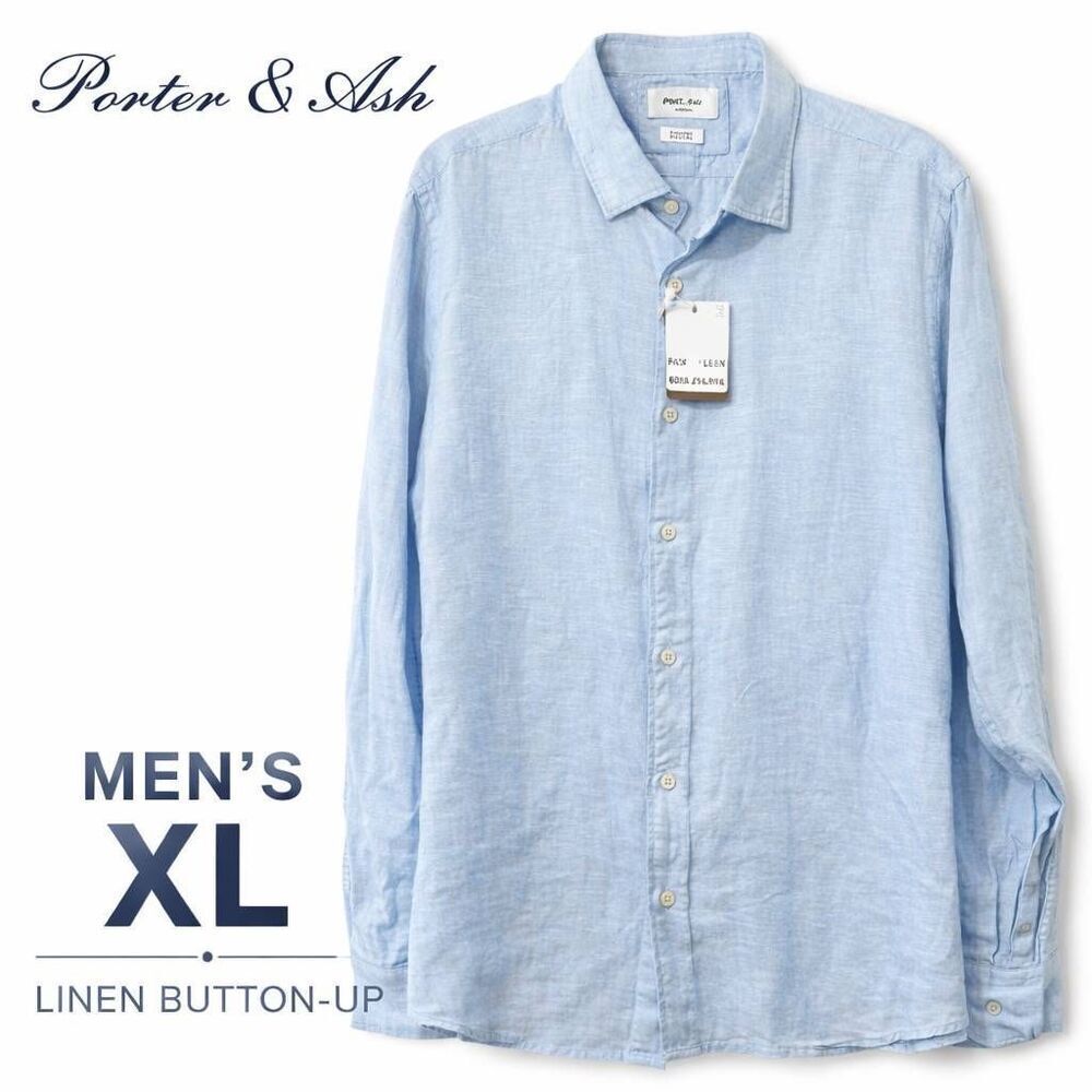 Porter & Ash Linen Shirt XL Light Blue Button Up Long Sleeve Casual Men NWT